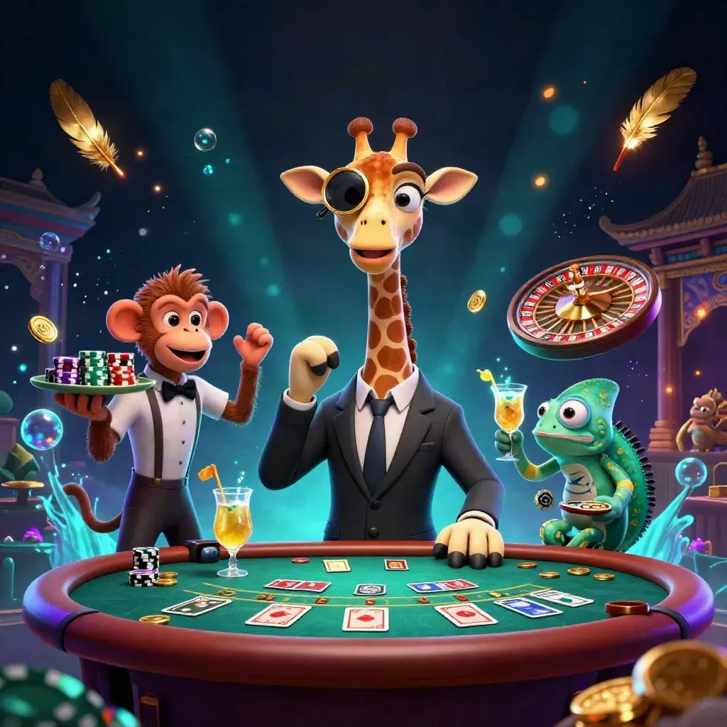 Giraffe, monkey, and chameleon at a glowing casino table with dramatic gold and cyan effects