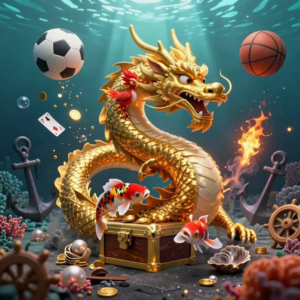Golden dragon and phoenix over treasure chest amid coins, coral, ball and cards underwater.