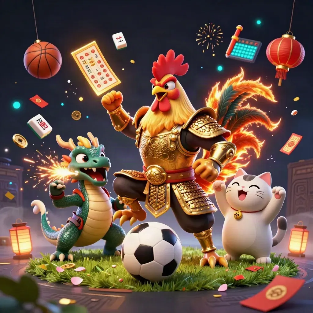 Rooster warrior, dragon hatchling, and fortune-cat amid flying sports balls and casino lights