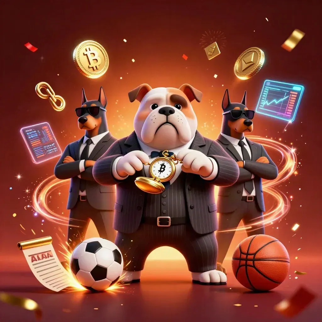 Bulldog boss and Dobermans amid casino coins, sports balls, sparks, and neon energy.