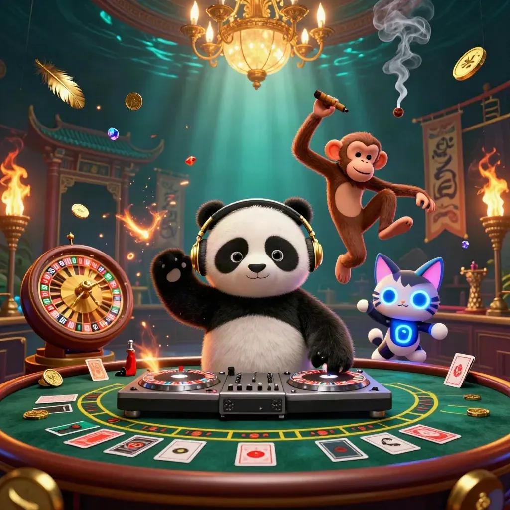 Panda DJ, dancing monkey, and glow-stick kitten in a luxe casino scene of brass, smoke, and gold.