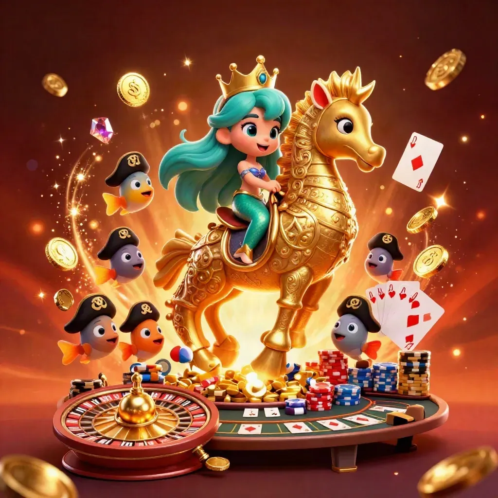Mermaid princess on armored seahorse amid casino gold, coins, gems, chips, and a spinning roulette wheel.