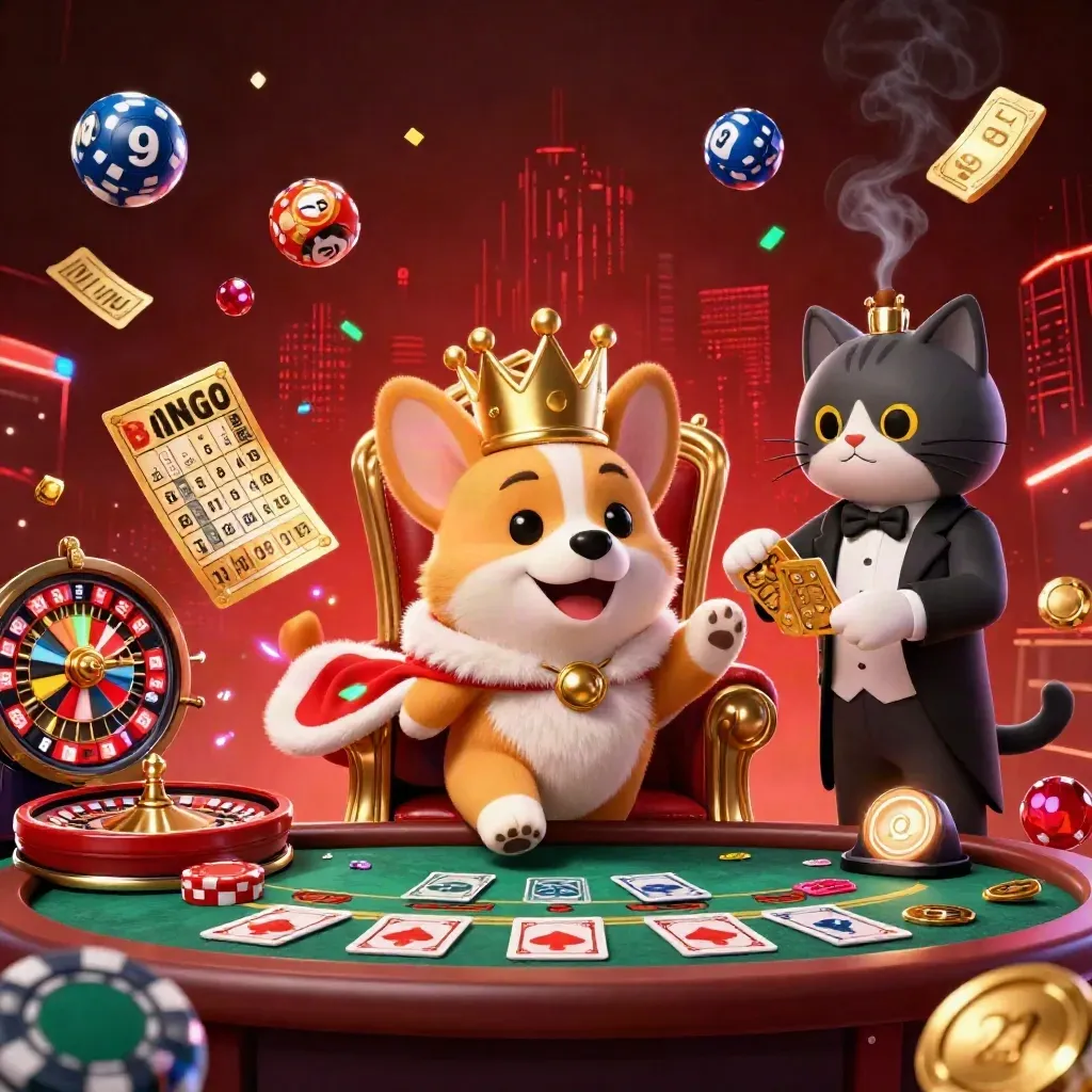 Royal corgi and cat butler in a luxe casino scene with neon glow and floating game symbols.
