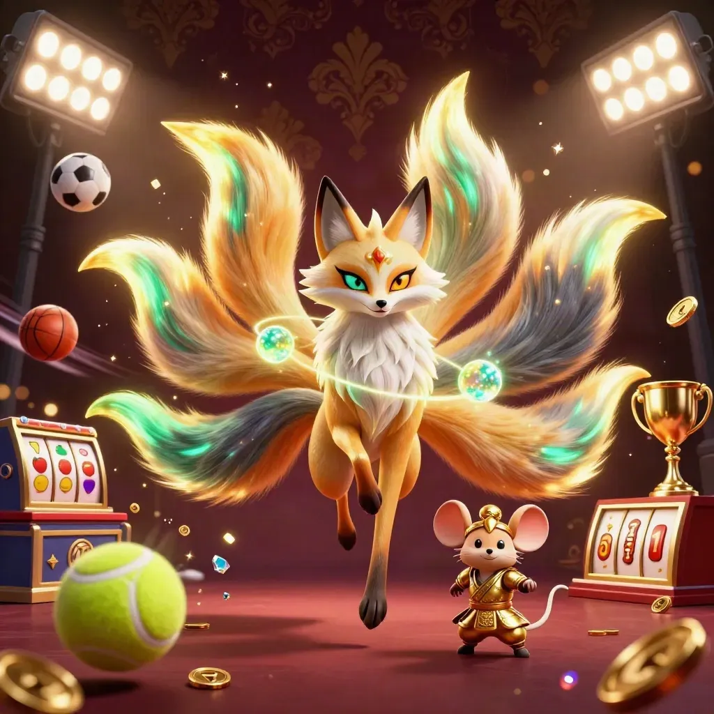 Fox spirit and samurai mouse amid casino sports chaos, gold coins, trophy, and glowing lights.