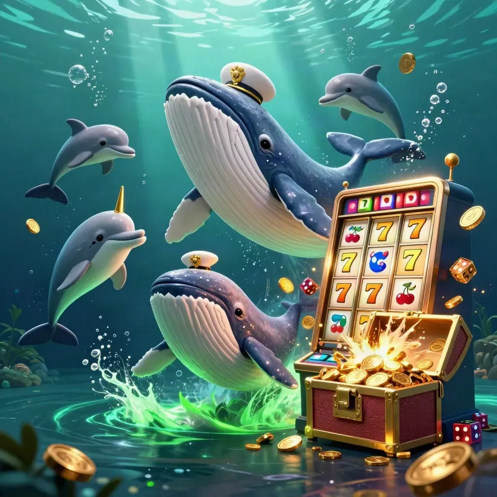 Whale captain, narwhal, and dolphins burst through coins and treasure in an underwater casino splash.