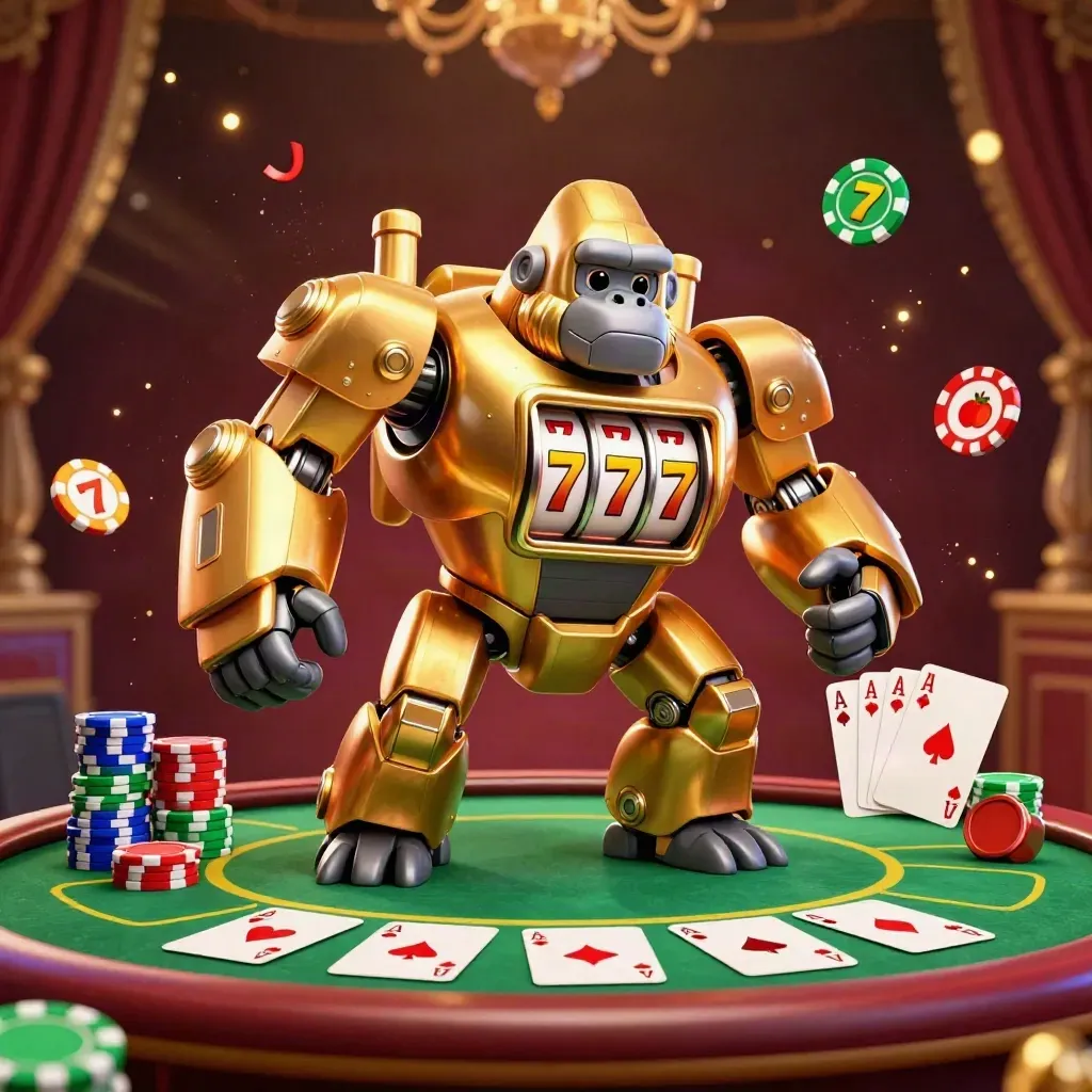 Golden gorilla mech, tiny monkey pilot, casino props bursting in emerald luxury glow.