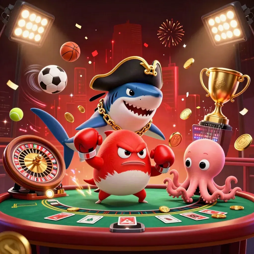 Pirate shark, boxing pufferfish, and coin-juggling octopus amid casino wins, fireworks, and sports balls.