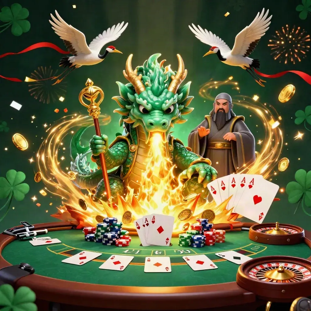 Emerald dragon, turtle sage, and cranes amid casino loot, cards, chips, fireworks, and gold coins
