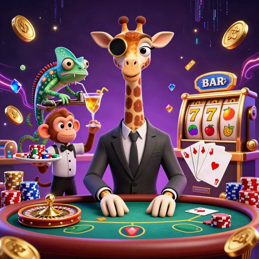 Giraffe high-roller, monkey valet, and chameleon bartender amid chips, cards, coins, and neon casino magic.