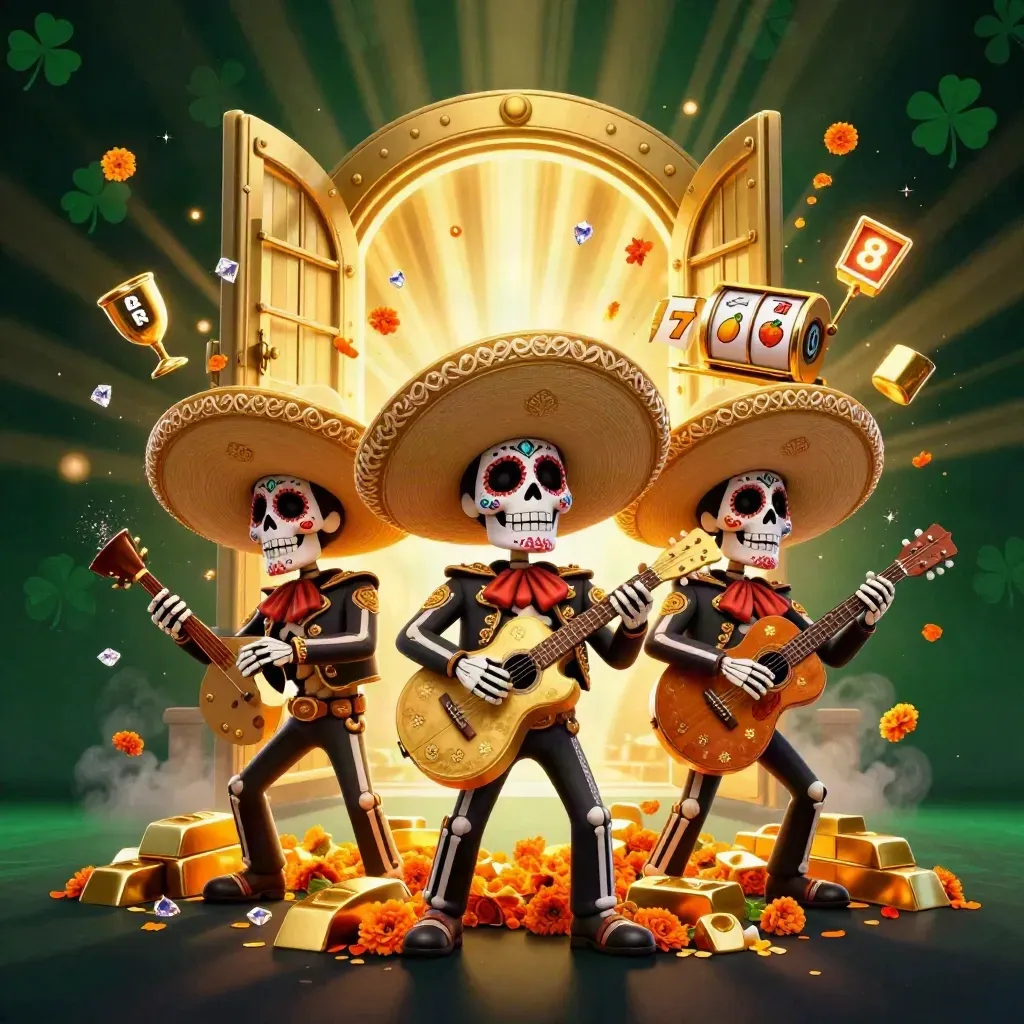 Day-of-the-Dead skeleton mariachi trio with vault, gold, gems, and casino reels
