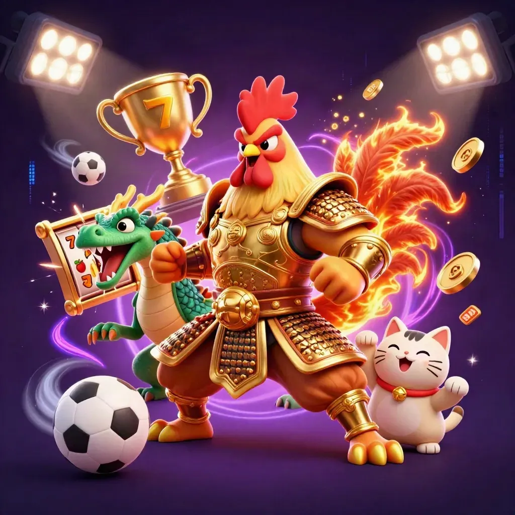 Rooster warrior, dragon hatchling, and fortune cat amid casino sparks and sports balls