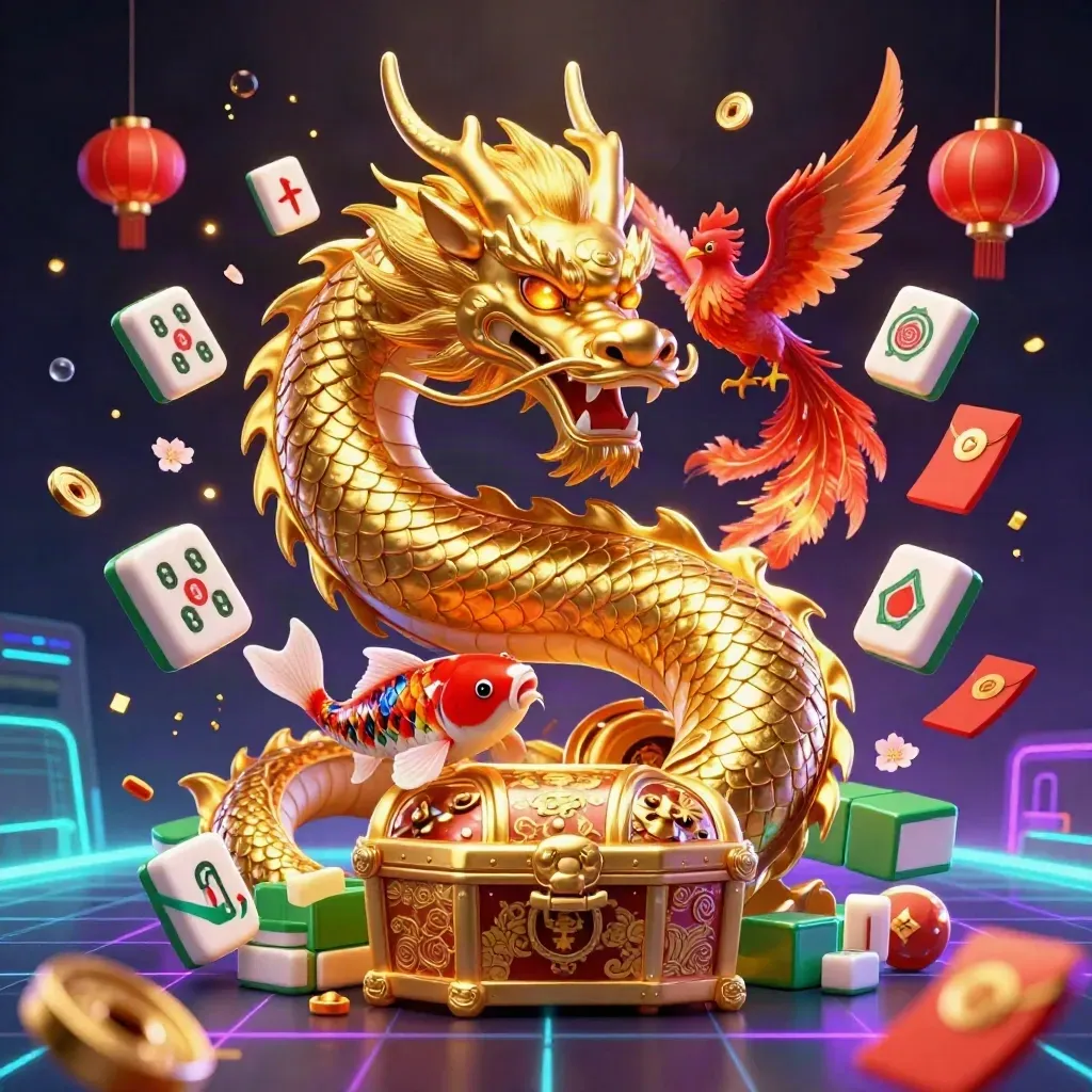 Golden dragon with phoenix and koi amid casino symbols on a dark neon background.