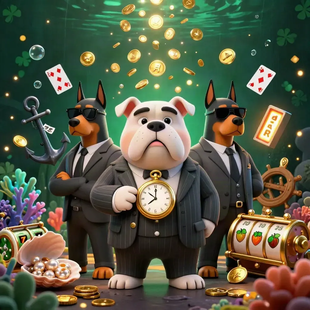 Bulldog boss and two doberman guards in a treasure-cove casino burst of gold, cards, and emerald glow